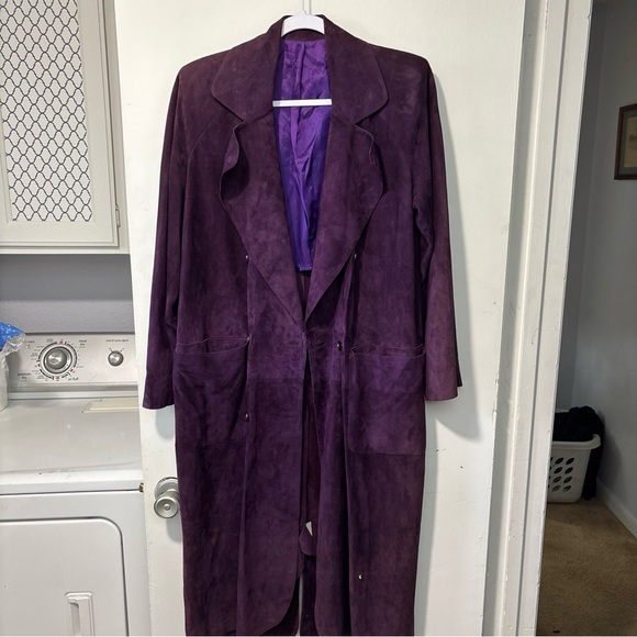Vintage U Chicago Purple Suede Trench Double Breasted Coat Long Size 42 10 - Picture 1 of 9